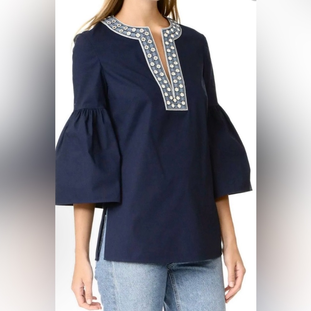 Tory Burch EUC Top-Ariana Tunic Mirrored discs/embroidery accent Trim Sz 8 S/M
